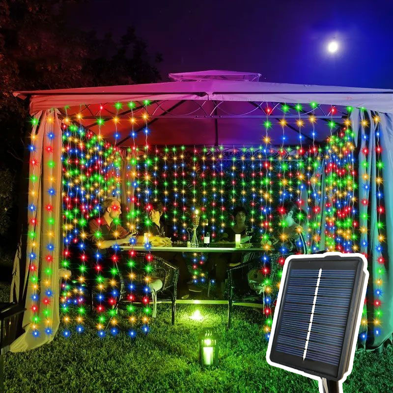 LED Solar Curtain String Lights Copper Wire Outdoor Lamp Solar Fairy Lights Garland for Garden Party Patio Terrace Camping Decor: green / 11-15W