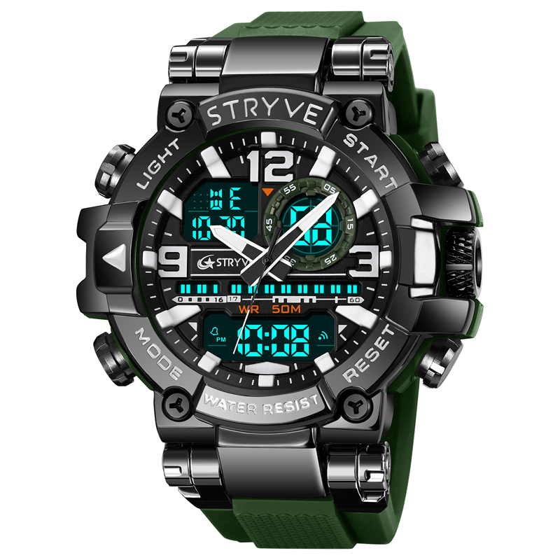 STRYVE Men's Watch Digital-Analog Dual Movement 5ATM Waterproof Watches Sports Watch for Men's 8025: green