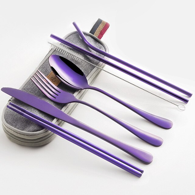 Serviesje Reizen Camping Bestek Set Herbruikbare Zilverwerk met Metalen Stro Lepel Vork Eetstokjes en Draagbare Case