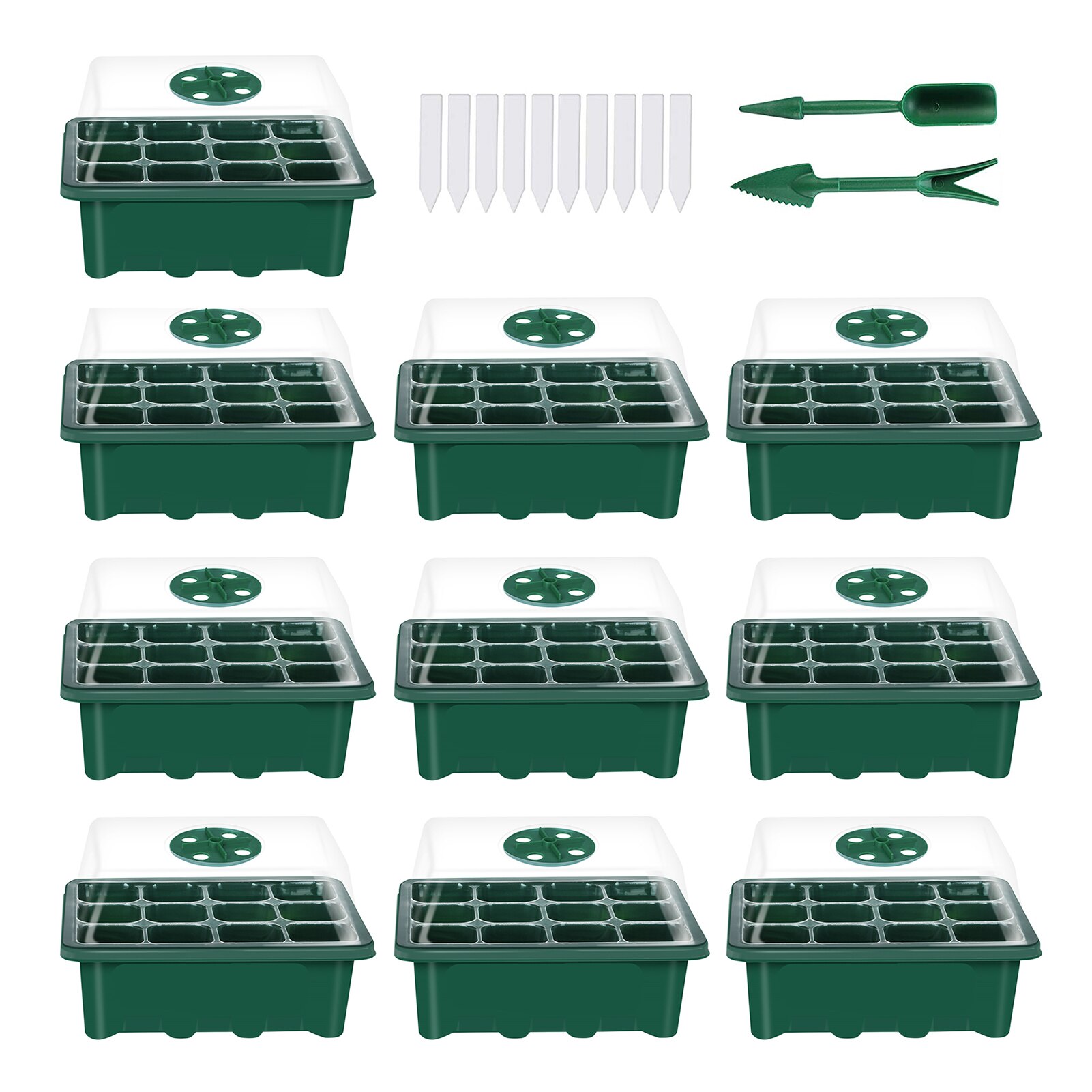 Germination Box Seed Starter Kit 10PCS Plastic 12 Cells Nursery Pots With Dome And Base Gardening Supplies Seedling Trays: green