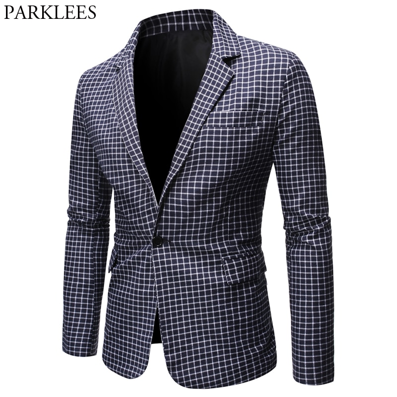 Blazer de costume à carreaux pour hommes, printemps , Slim Fit, un bouton, revers cranté, robe de costume, veste Masculino