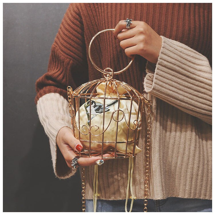 Gouden Kwastje Handtas Vrouwen Birdcage Avondtasje Clutch Metalen Frame Borduurwerk Emmer Vogelkooi Mini Bag Purse