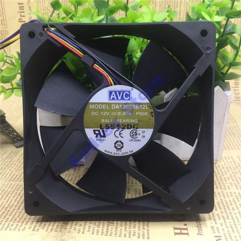 AVC 12CM 4PIN 12V 0.3A PWM Temperature control double ball bearing fan DA12025B12L P005 2500RPM 89CFM 64Pa air blower