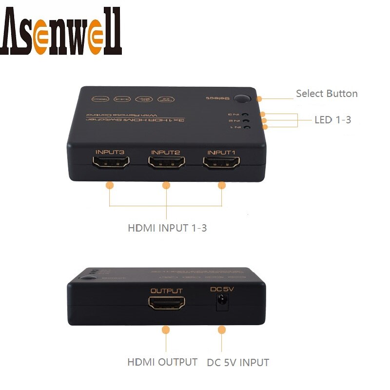 HDMI Switch 18Gbps 3 Port 4K@60Hz 1080P 3D HDR10 UHD 3 In 1 Out HDCP 2.2 Video Audio Selector 3x1 DIY Remote Control for PS4/5