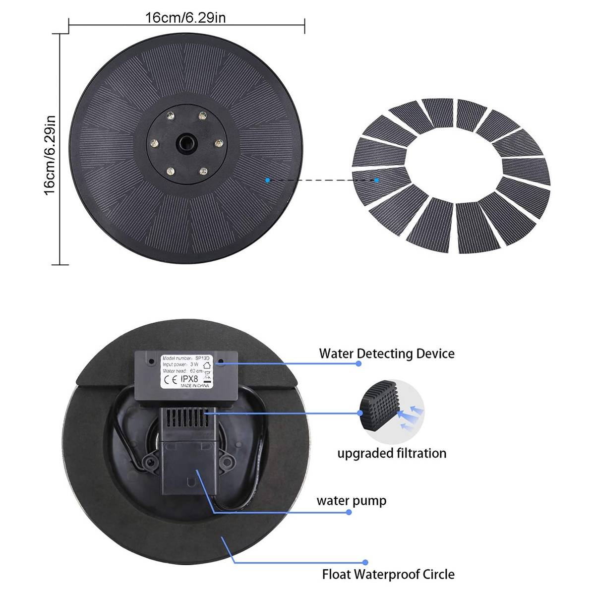 6 LED Solar Fountain Pump 7V/3W Portable Floating Solar Powered Water Fountain Pump for Birdbath Backyard Pond Pool Garden Decor
