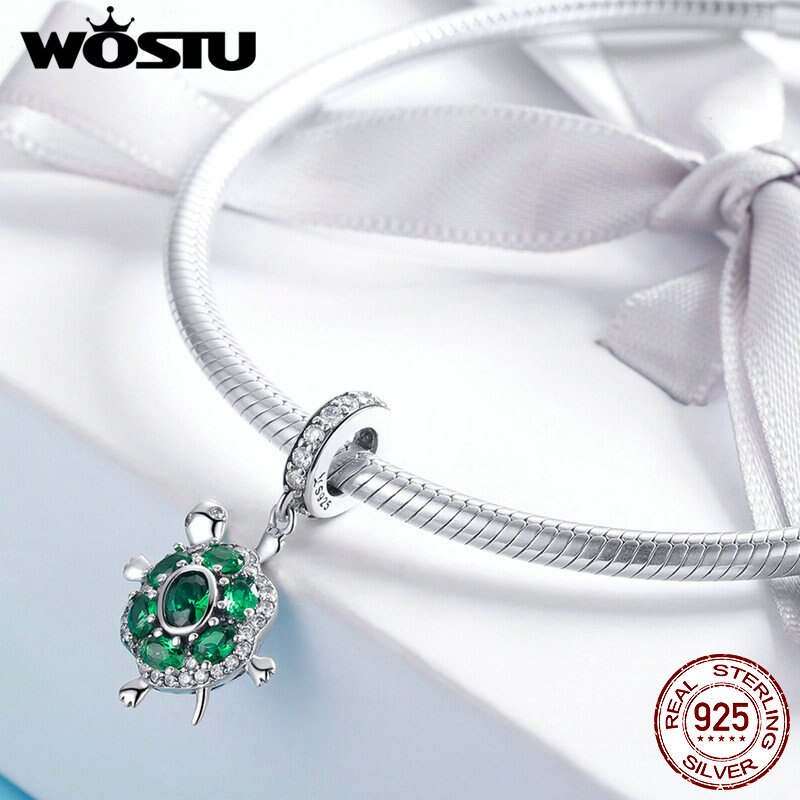 WOSTU 100% 925 Sterling Silver Green Turtle Charm Fit Bracelet & Necklace Pendant Lovely Animal Jewelry CQC1017