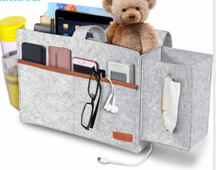 Felt Hanging Storage Bag with Tissue Box and Water Bottle Holder, Bedroom Sofa Organizer Bag for Books Pad Phone Chargers: Grey