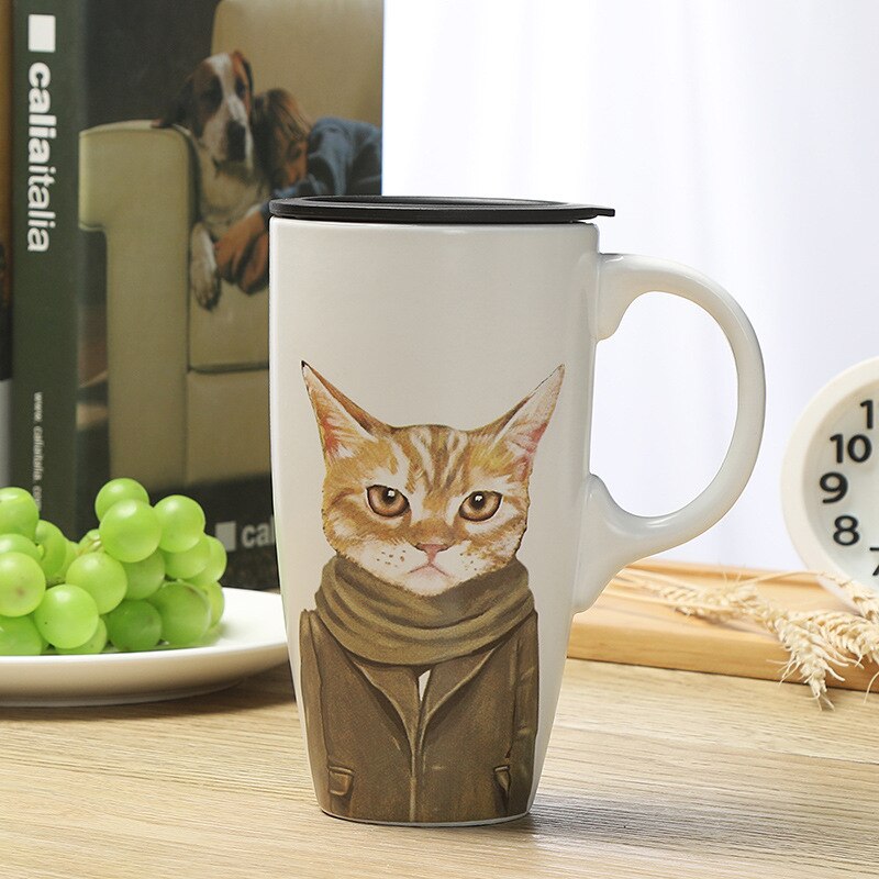 Taza para agua de cerámica con tapa para gatos, taza para café o leche de gran capacidad, creativa, clásica, a la , 500ml: classic cat-500ml