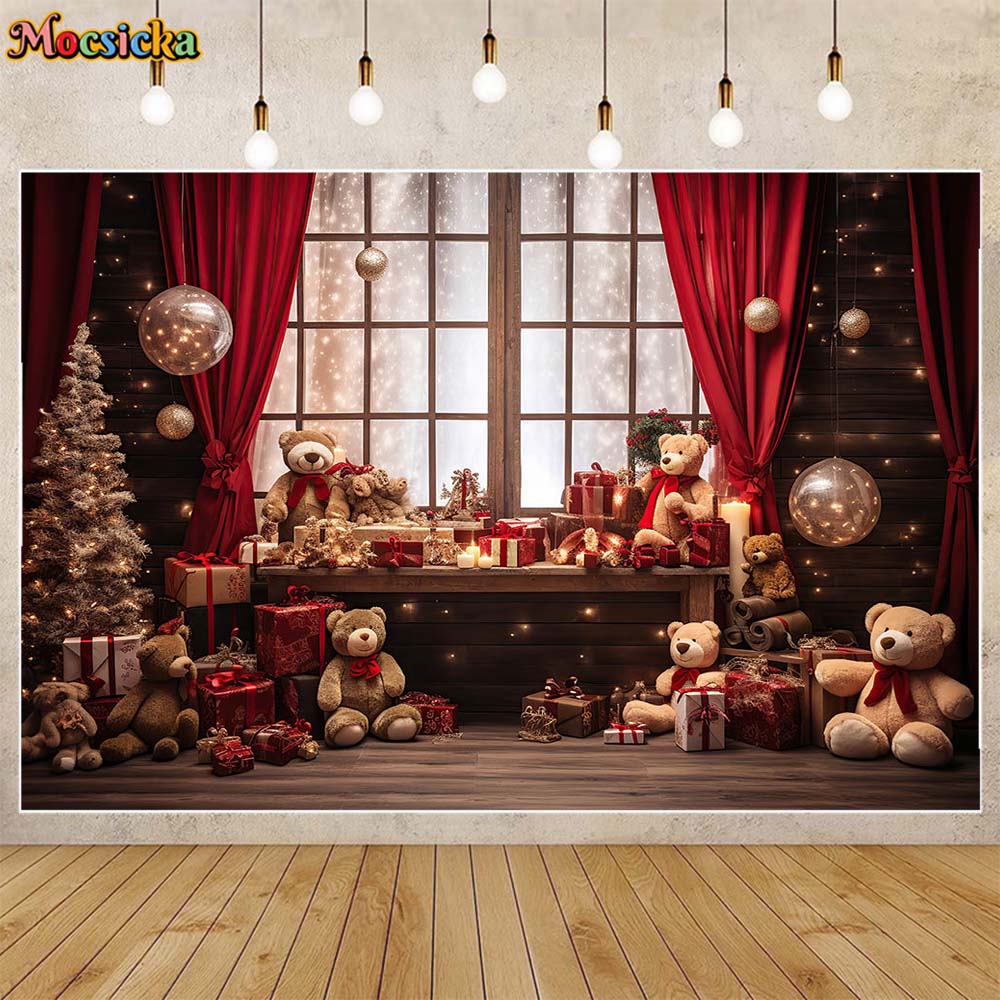 Mocsicka-cortinas rojas de fondo de Navidad, ventana, oso, Caja de , piso de madera, bebé, niño, fotografía, accesorios de estudio fotográfico
