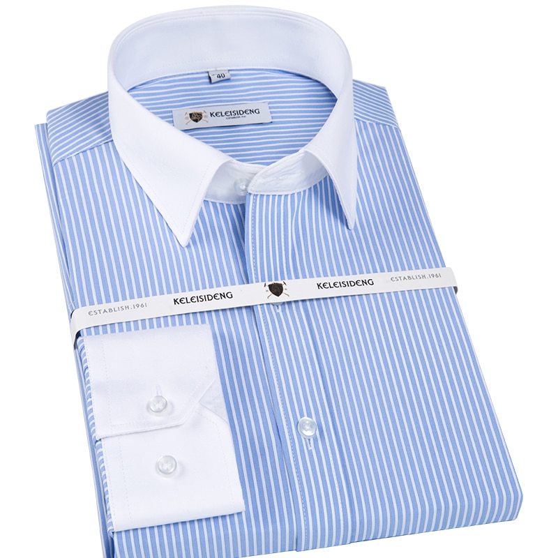 Heren Stijlvolle Lange Mouw Gestreept Overhemd Contrast Kraag En Manchetten Formele Zakelijke Regular-Fit Work Office Knop up Shirts