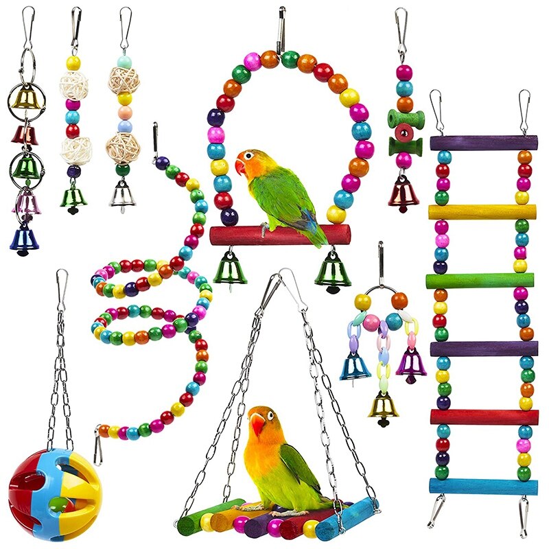 Jouets Cage à oiseaux pour perroquets, jouet fiable et à mâcher, balançoire, pont à mâcher, perles en bois, cloche à boules, 10 paquets