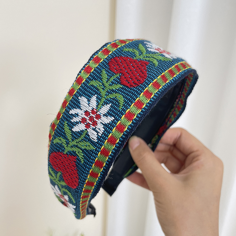 Nuovo stile bohéaspetto ricamo fascia etnica a tesa larga cerchio per capelli foglia fiore modello accessori per capelli copricapo: Blu marina militare