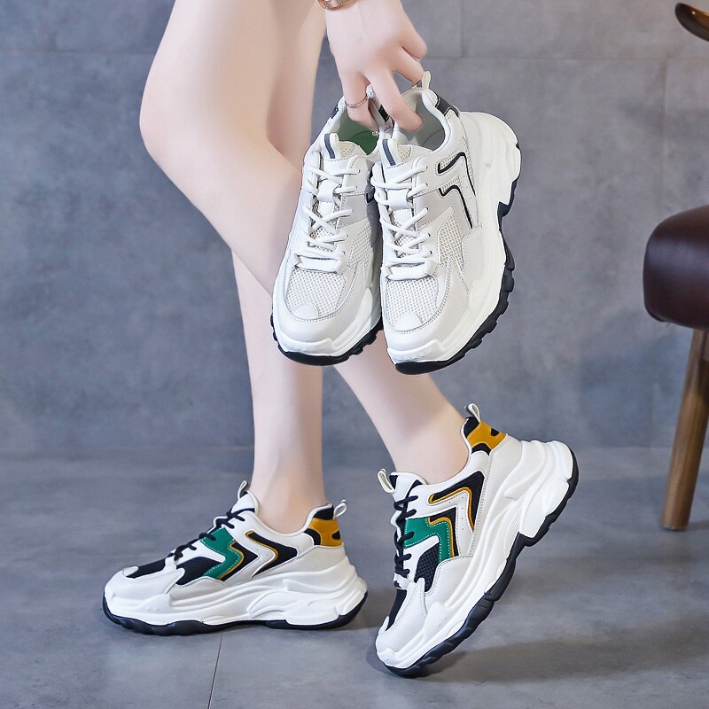 Fujin damesneakers blonder forår rund tå tyk bund kausal solid platform åndbare chunky sneakers til kvinder