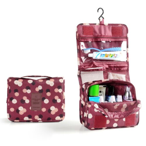 Women Travel Cosmetic Bag Makeup Bag Hanging Folding Toiletries Organizer Waterproof Storage Neceser Bathroom Toiletry Wash Bags: Wine Red Flower