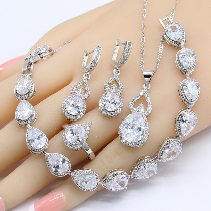 Bijoux de mariée pour femmes, zircon cubique blanc, ensemble de bijoux de mariée, boucles d'oreilles, collier, pendentif, coffret
