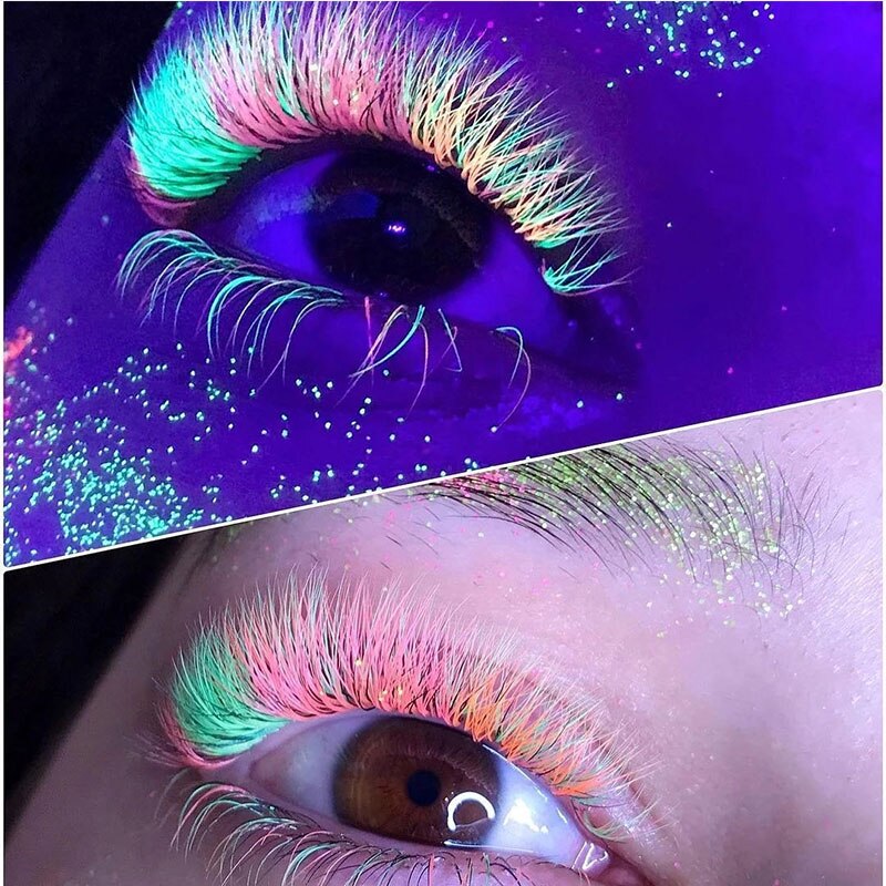 Auto Fanning Uv Neon Wimper Extension Fluorescerend Groen Geel Oranje Gekleurde Fan Wimpers Voor Nachtclub Party Glow In Dark