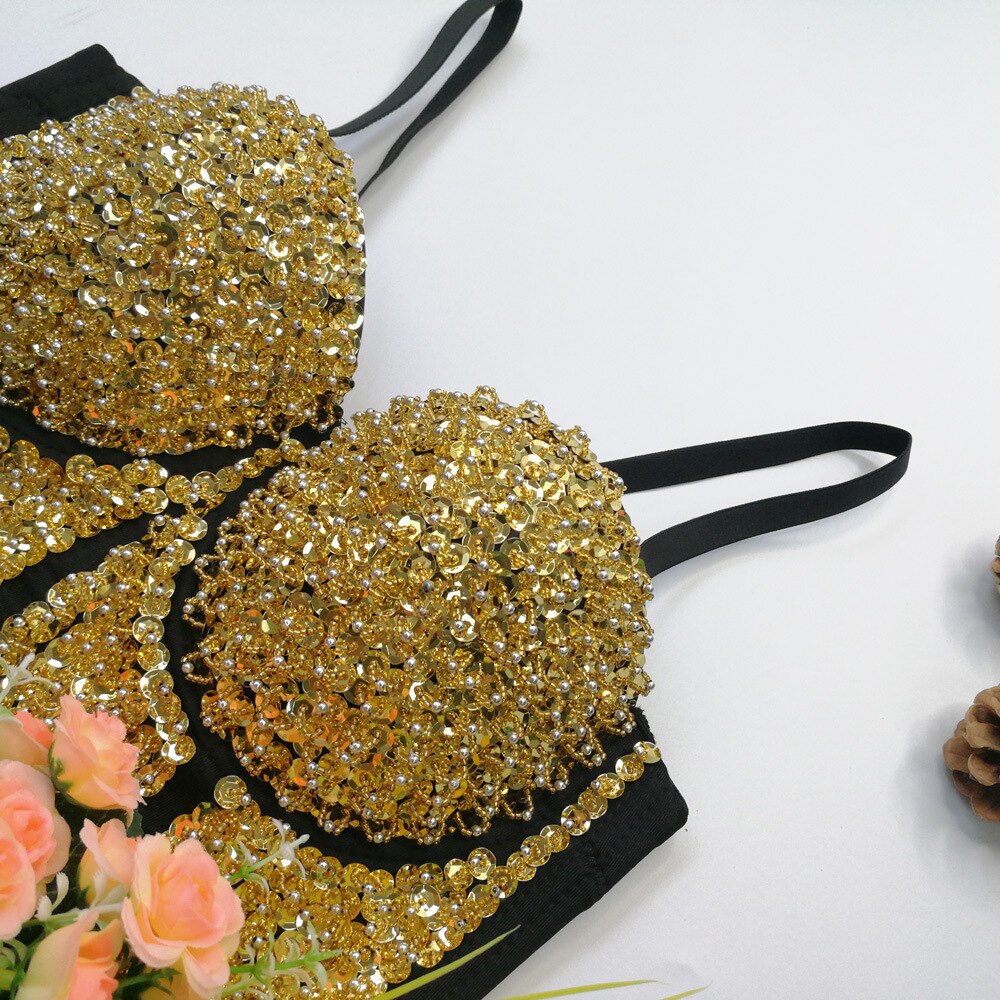 Soutien-gorge Bralette Push Up pour femme, Corset Sexy, brillant, perles, paillettes, boîte de nuit, haut court, vêtements