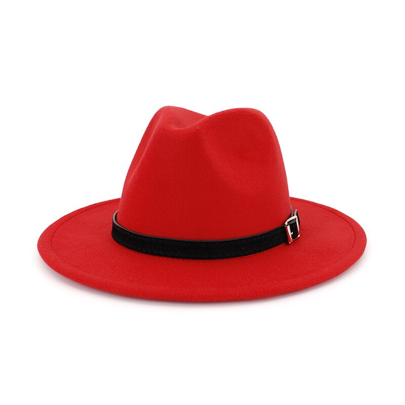 FS White Fedora Hat For Women Felt Hat With Belt Buckle Vintage Wool Wide Brim Jazz Cap Men Panama Hat 17 Colors: Red fedora