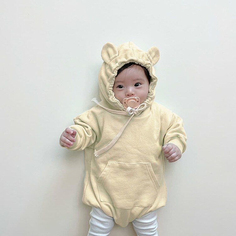 8222 Baby Kleding Hooded Jongens Bodysuit Herfst Pure Kleur Beer Oor Hooded Meisjes Bodysuit 0-2T Baby een Stuk Kleding Onesie