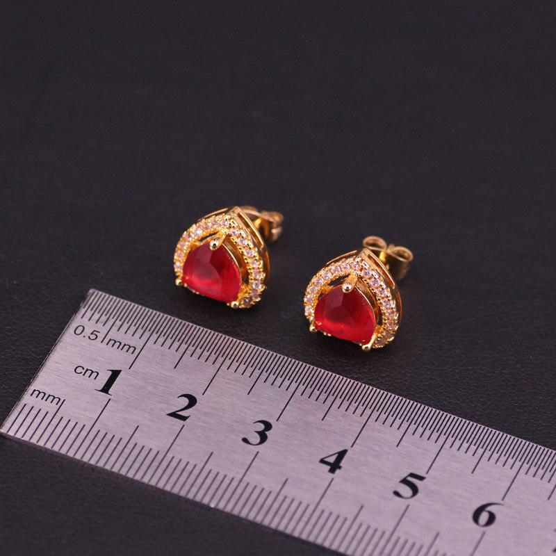 Pretty Style Gold Color Hear Square Jewelry For Women Adjustable Ring Stud Earrings Necklace Bridal Jewelry Set With Pendant