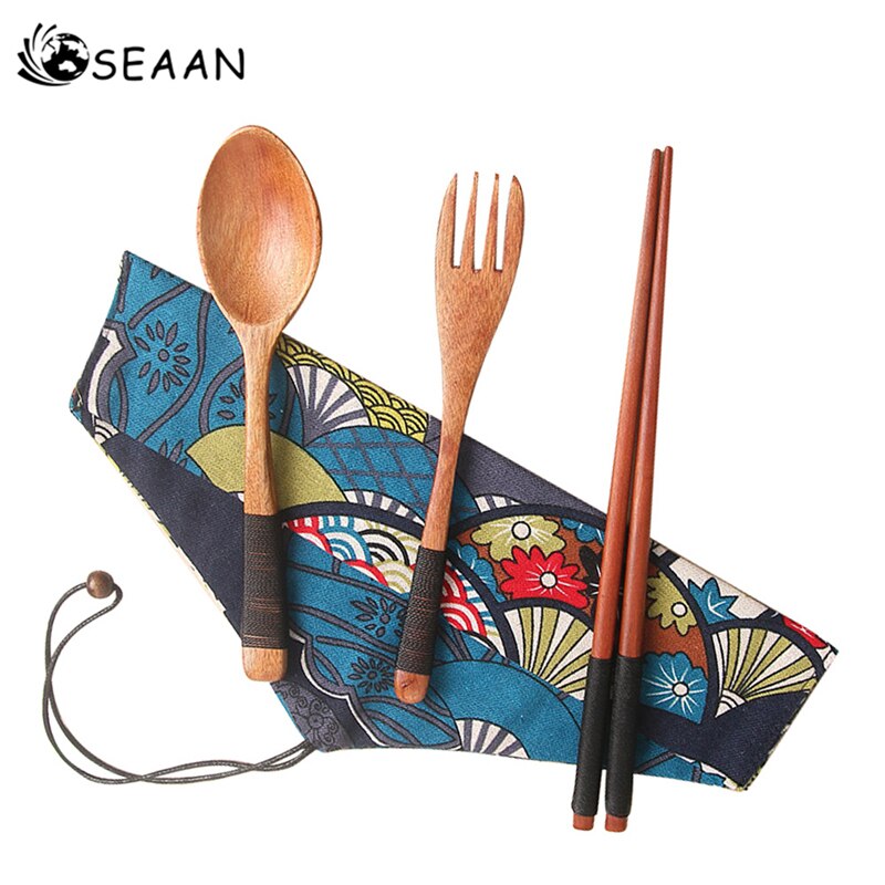 3 pièces fourchette cuillère baguettes ensemble cuisine bambou couverts ensemble en bois paille vaisselle ensemble avec sac en tissu voyage couverts ensemble gadgets