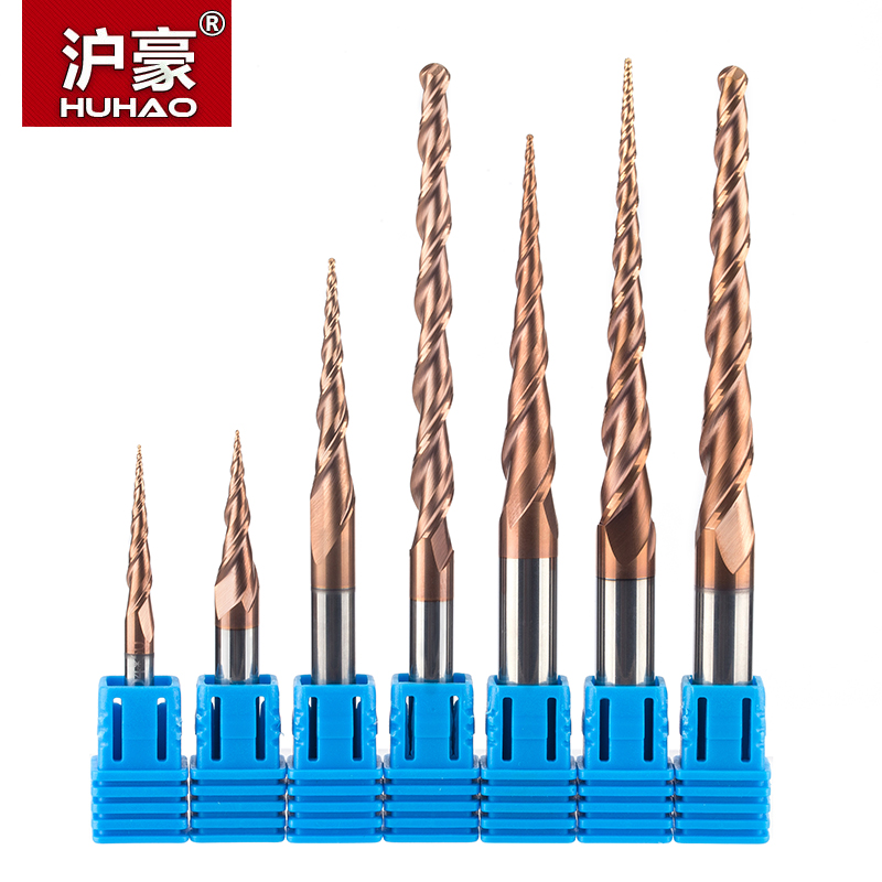 HUHAO 2pcs/lot HRC55 Tapered Ball Nose End Mill Tungsten Solid Carbide Coated CNC Milling Cutter D4-D10mm Engraving Bit