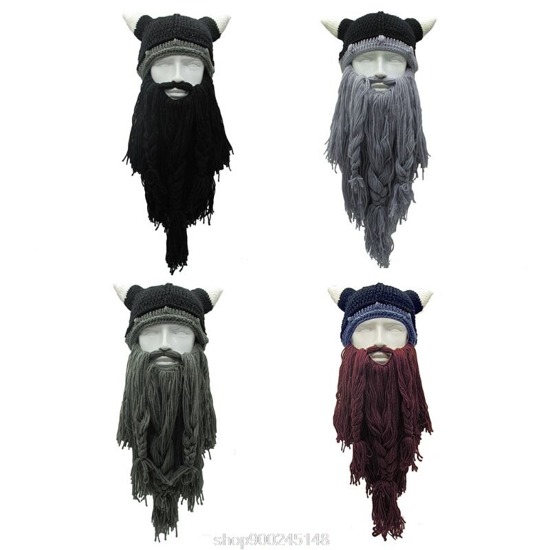Vuxen cosplay stickad vikinga skägg horn hatt skidmask barbar vagabond vintage mössa vintervärmare  n12 20