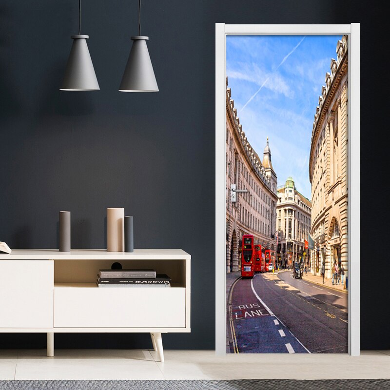 3D DIY Self-adhesive Door Stickers Waterproof Street View Dorm Room PVC Poster Door Mural Removable Art Vinyl Wallpaper