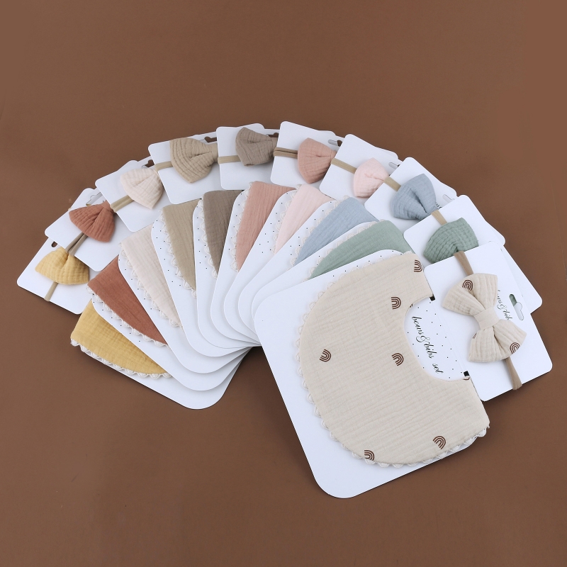 Baby Bib Feeding Smock Bowknot Hair Band Set Saliva Towel Bandana Elastic Bows Headband Infants Burp Cloth Headwear D5QA