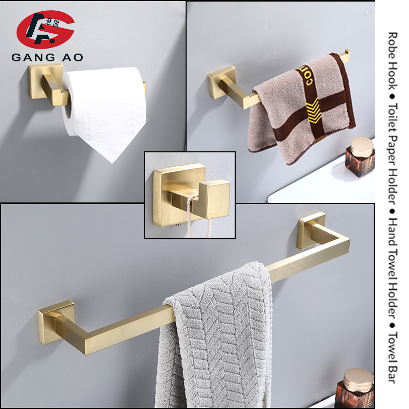 Ensemble d'accessoires de salle de bains en or brossé, porte-brosse de toilette, porte-papier hygiénique mural en acier inoxydable 304, matériel de salle de bains