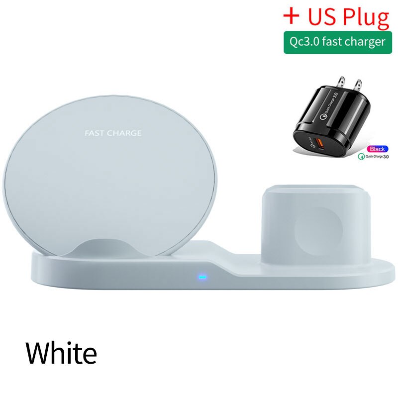 3 In 1 Qi Snelle Draadloze Oplader Voor Iphone 11 Pro Xs Xr 8 Samsung Note 10 Charger Dock Station voor Apple Horloge 6 5 4 Airpods Pro: White-US Plug