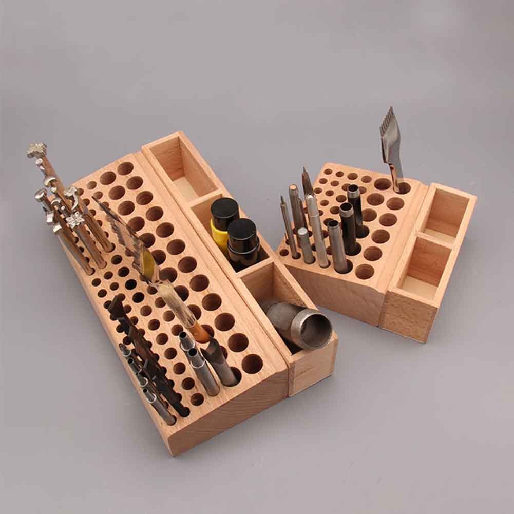 Workroom Multi Holes DIY Storage Organizer Woodworking Free Standing Home For Drill Bits Beech Leather Craft Tools Holder