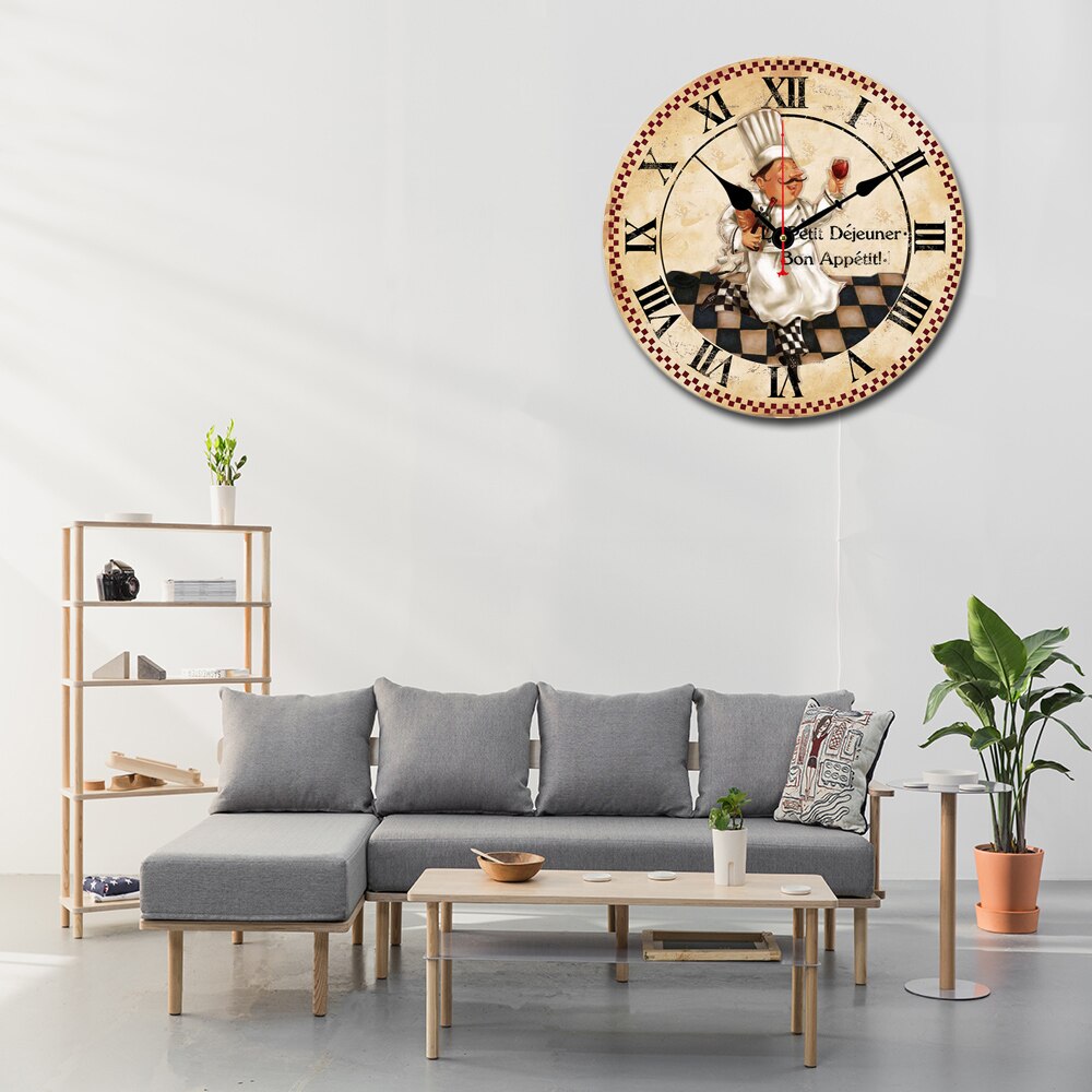 12 Inch Chef Wine Round Wall Wooden Clock,modern Silent &amp; Non-Ticking Large Shabby Chic Rustic Kitchen Wall Clock