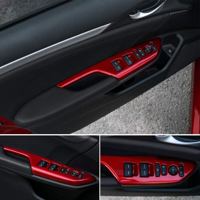 Armrest Window Rise Lift Down Control Switch Door Lock Panel Cover Trim for 10Th Gen Honda Civic - Red