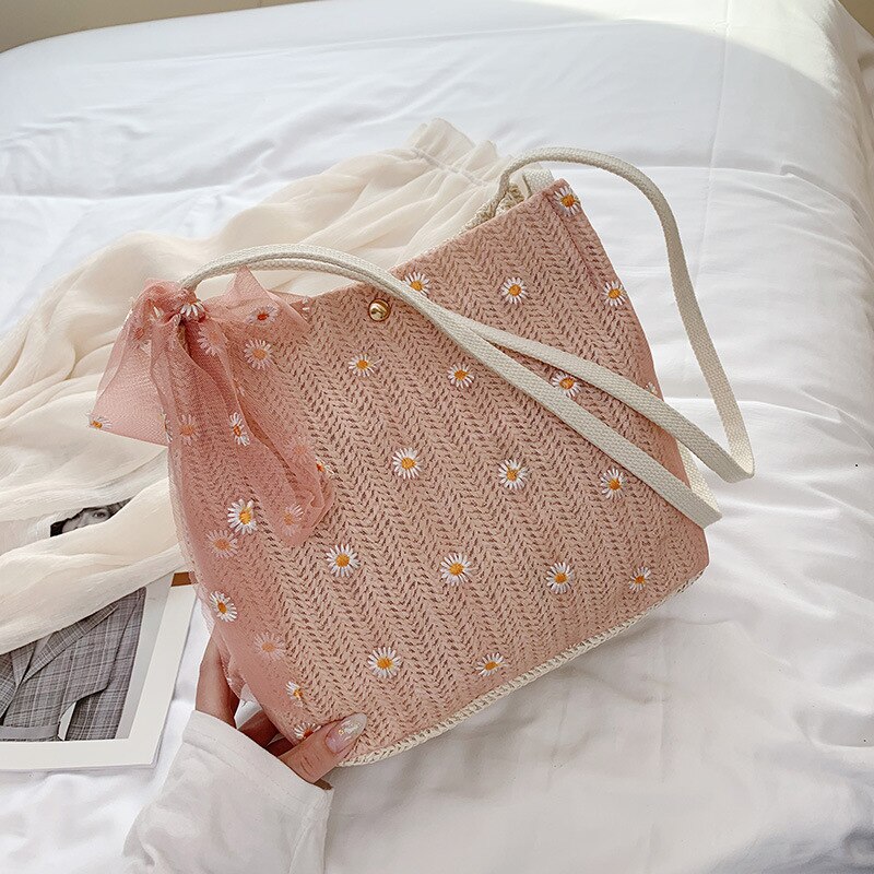 Casual laço floral rattan baldes sacos de vime tecido feminino sacos de ombro senhora bolsas praia verão palha saco grande capacidade tote: pink