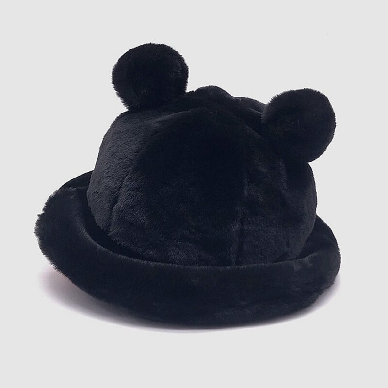 Vinter leopard bjørn øre spand hat kvinder tyk varm imiteret pels fiskekasketter bob piger plys blød panama vinter hat: Sort
