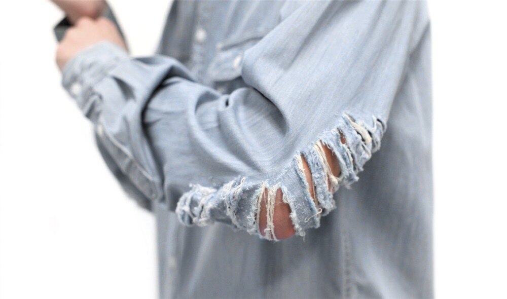 Mens Hip Hop Blue Cowboy shirts For Male Long Sleeve Streetwear Tops Men shirts Clothes Distressed Denim Man Shirts