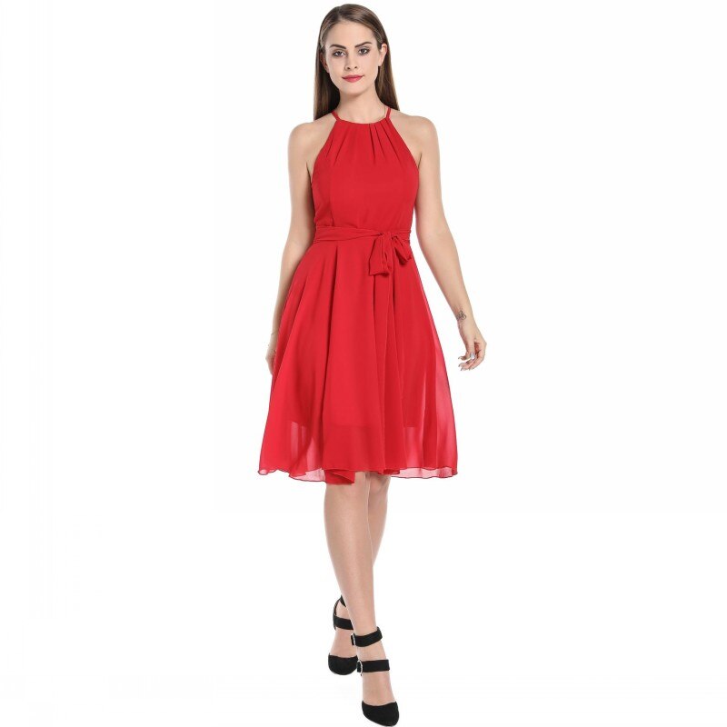 Red Spaghetti Strap Chiffon Summer Sleeveless Midi Dress Women Ruffle Backless Chiffon Casual Midi Dresses Female Vestidos: S
