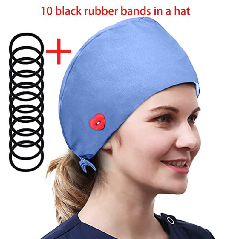 Women Solid Color Buttons Scrub Cap with 10Pcs Hair Ties Bouffant Hat