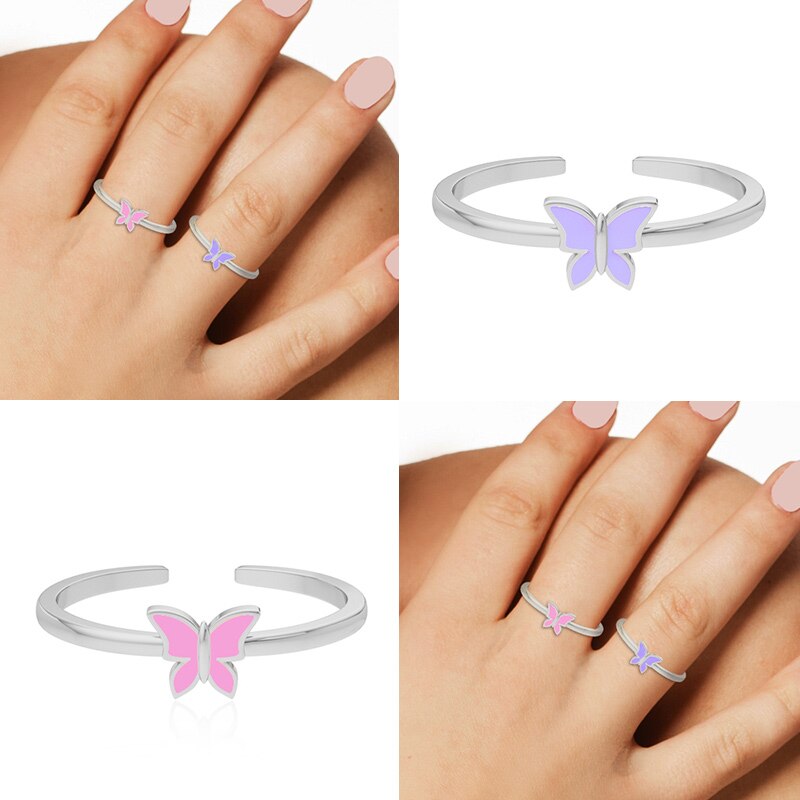 Aide 925 Sterling Zilver Paars Roze Blauw Emaille Vlinder Verstelbare Ringen Voor Vrouwen Trend Druipend Olie Vinger Ringen