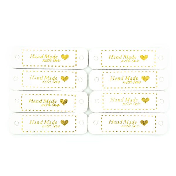 50 st 56 x 15mm etiketter bruna/svarta/vita etiketter handgjorda hjärtmönster läderetikett gjord med kärlek gör det själv kläder sytillbehör: Vit