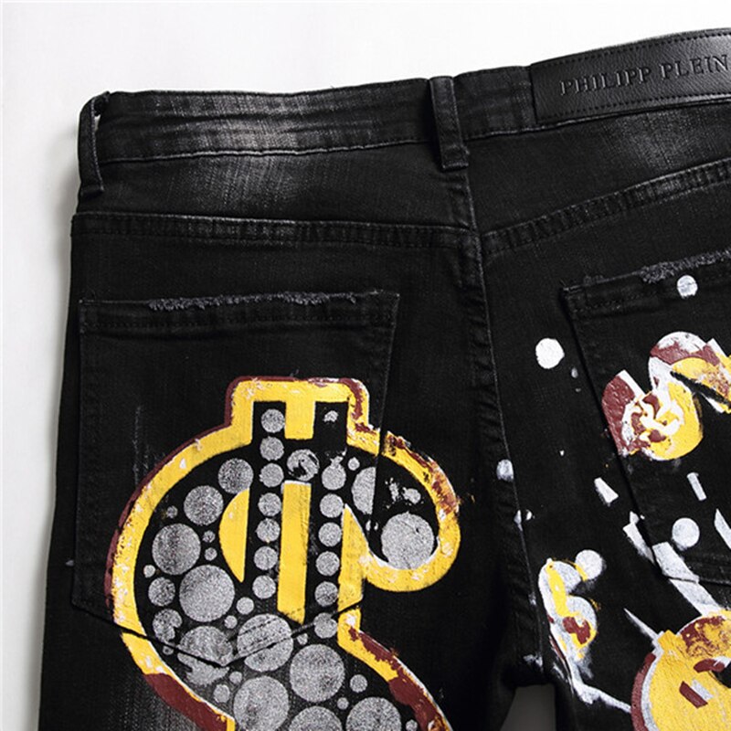 Herfst Winter Mannen Slim Pp Wassen Jeans Black Print Gebroken Gat Broek Mode Verf Print Broek Ripped denim Broek