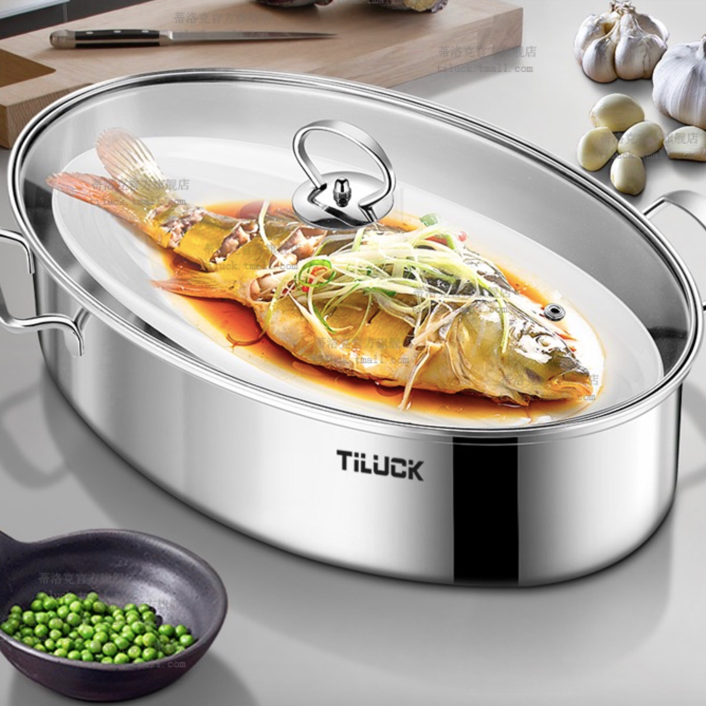 B0091 Fish steaming pot large domestic thickened stainless steel 38cm one layer elliptical fish steamer induction cooker seafood