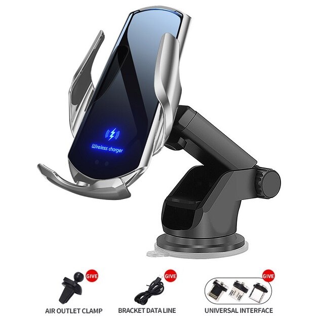 Automatische Montieren 15W Qi Auto Drahtlose Ladegerät für iPhone 12 11 XS XR X 8 Samsung S21 S20 Magnetische USB Schnelle Ladung Telefon Halfter: 2 in 1 Silber-