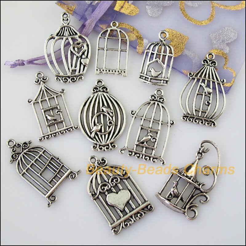 10Pcs Anticato Argento di Colore FAI DA TE/Uccelli Gabbia Misto Pendenti e Ciondoli Pendenti con gemme e perle