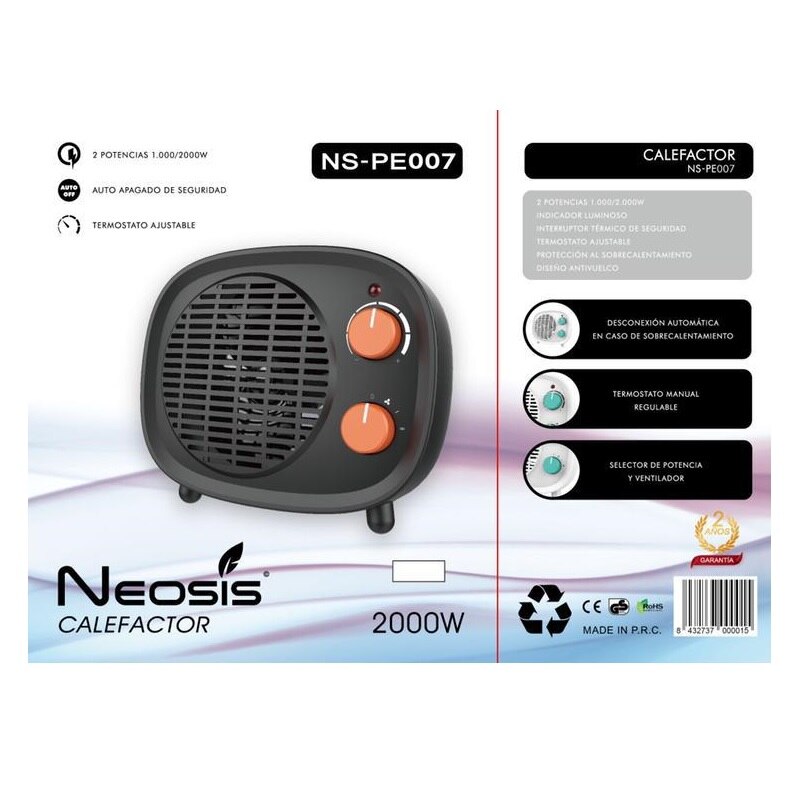 Neosis Calefactor Eléctrico NS-PE007 2 potencias 1000/2000W Termostato ajustable - Auto apagado de seguridad