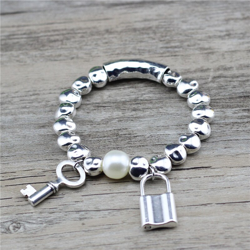 Anslow vintage smykker diy lås og nøgle elsker zink legering søde romantiske trendy armbånd & amp; armringe ven lav 0829lb: Perle