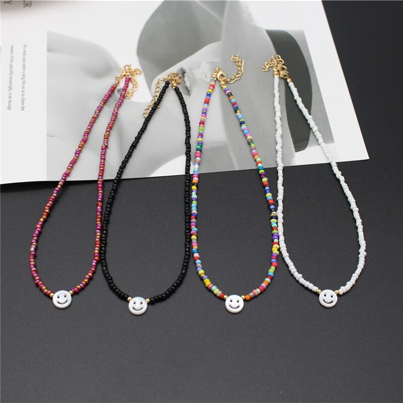Natural Freshwater Shell Round White Smiley Rainbow Beaded Choker Necklace For Women Chain Jewelry Accessories