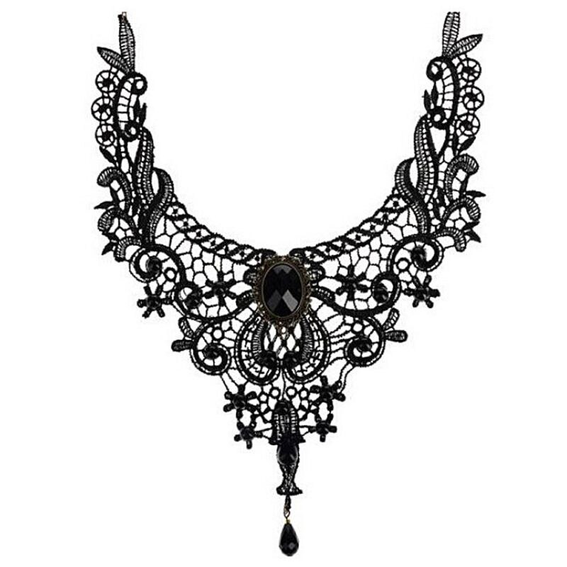 Womens womens Jahrgang retro gotisch Strass Schmuck Anhänger Halskette Höhlte Heraus Bestickte Spitze Kragen Halsband Einfarbig