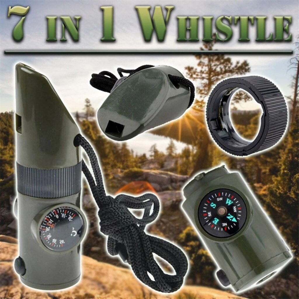 7 en 1 sifflet survie Bushcraft Trekking sifflet boussole miroir torche loupe lumière Led thermomètre stockage boussole outils: Default Title
